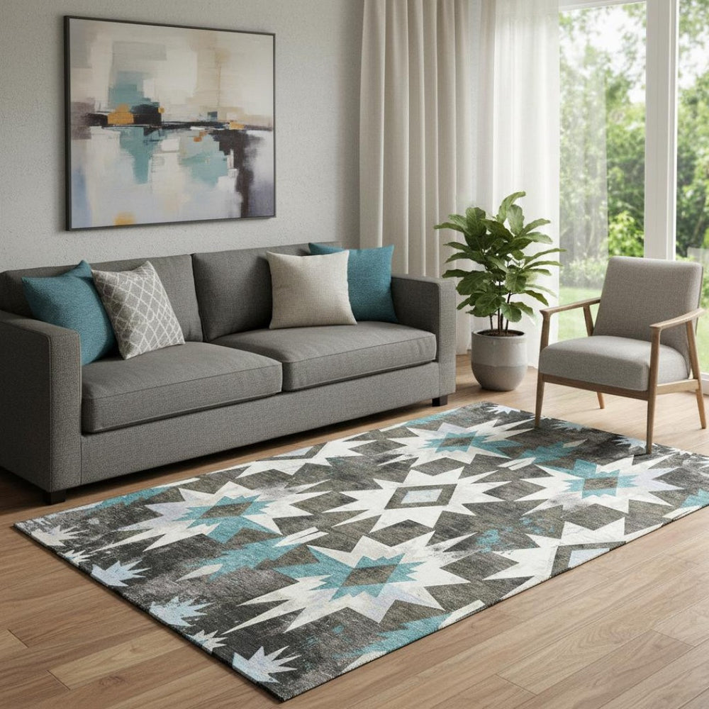 HomeRoots 8' Coffee Blue and Ivory Diamond Washable Round Rug - UV Protected, Durable, Stylish for Any Space 707188