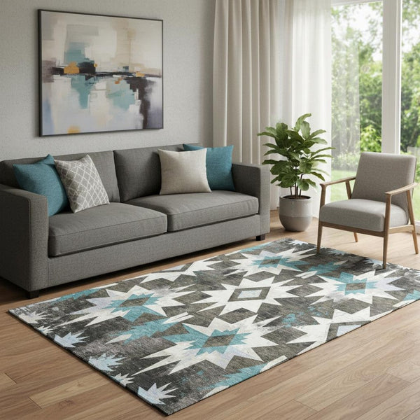 HomeRoots 8' Coffee Blue and Ivory Diamond Washable Round Rug - UV Protected, Durable, Stylish for Any Space 707188