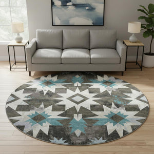 HomeRoots 8' X 10' Coffee Blue & Ivory Diamond Area Rug - Washable, UV Protected, Stylish & Durable Design 707189