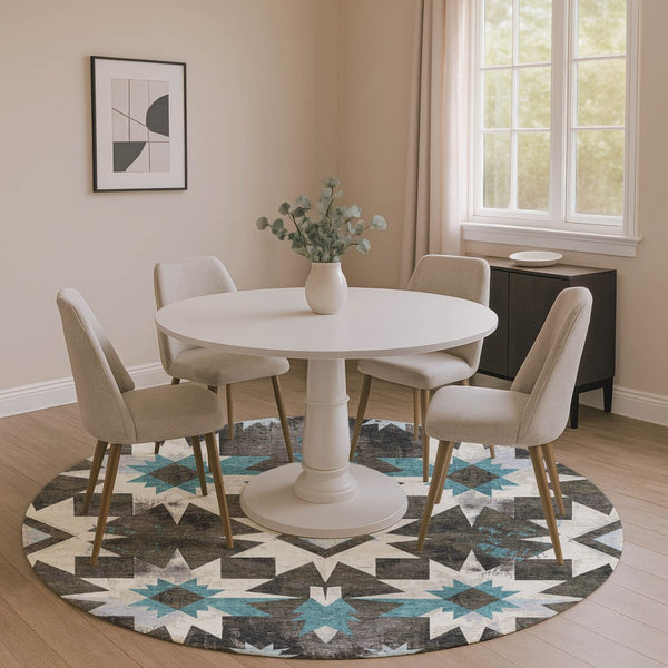 HomeRoots 8' X 10' Coffee Blue & Ivory Diamond Area Rug - Washable, UV Protected, Stylish & Durable Design 707189