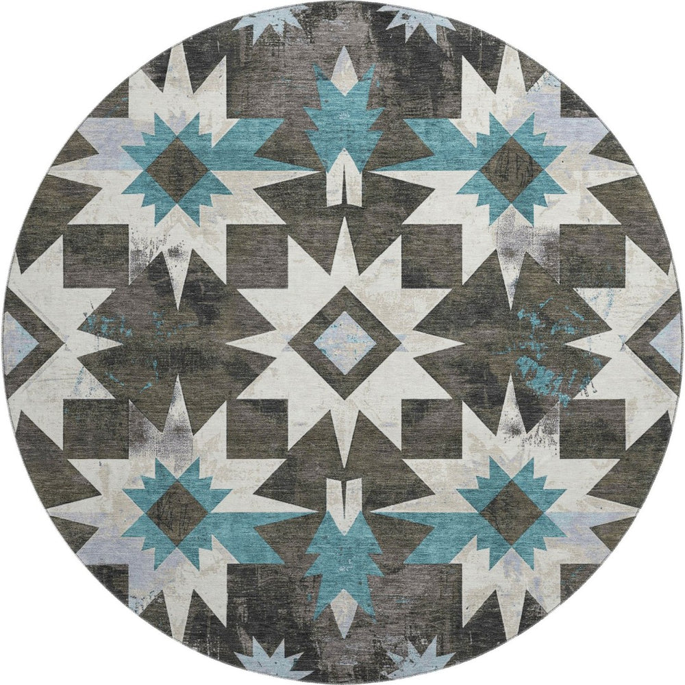 HomeRoots 8' X 10' Coffee Blue & Ivory Diamond Area Rug - Washable, UV Protected, Stylish & Durable Design 707189