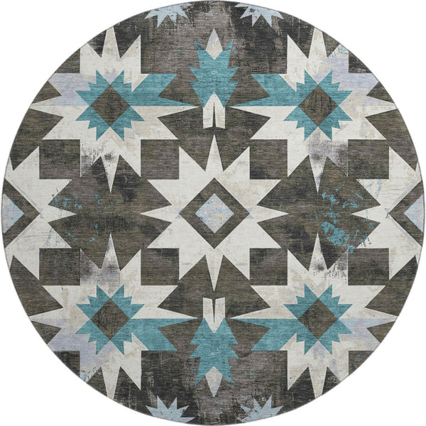 HomeRoots 8' X 10' Coffee Blue & Ivory Diamond Area Rug - Washable, UV Protected, Stylish & Durable Design 707189