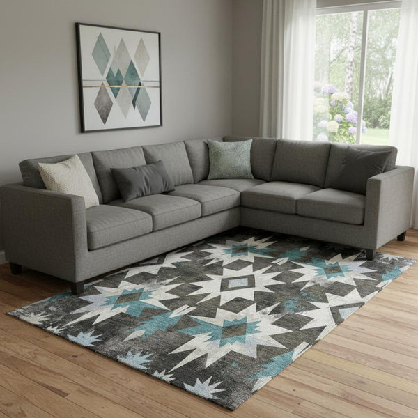 HomeRoots 9' X 12' Coffee Blue & Ivory Diamond Area Rug - Durable, UV-Protected, Stain-Resistant Design! 707190