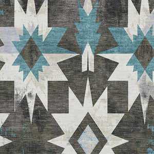 HomeRoots 9' X 12' Coffee Blue & Ivory Diamond Area Rug - Durable, UV-Protected, Stain-Resistant Design! 707190