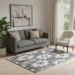HomeRoots 8' Graphite Brown & Ivory Diamond Washable Round Rug - UV Protected, Durable, Pet-Friendly Design 707194