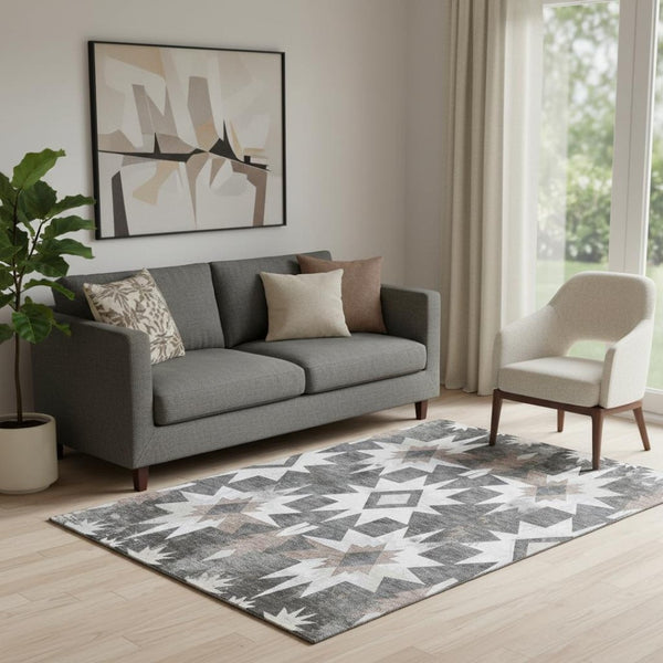 HomeRoots 8' Graphite Brown & Ivory Diamond Washable Round Rug - UV Protected, Durable, Pet-Friendly Design 707194