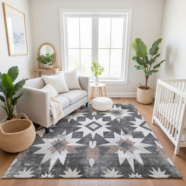 HomeRoots 8' Graphite Brown & Ivory Diamond Washable Round Rug - UV Protected, Durable, Pet-Friendly Design 707194