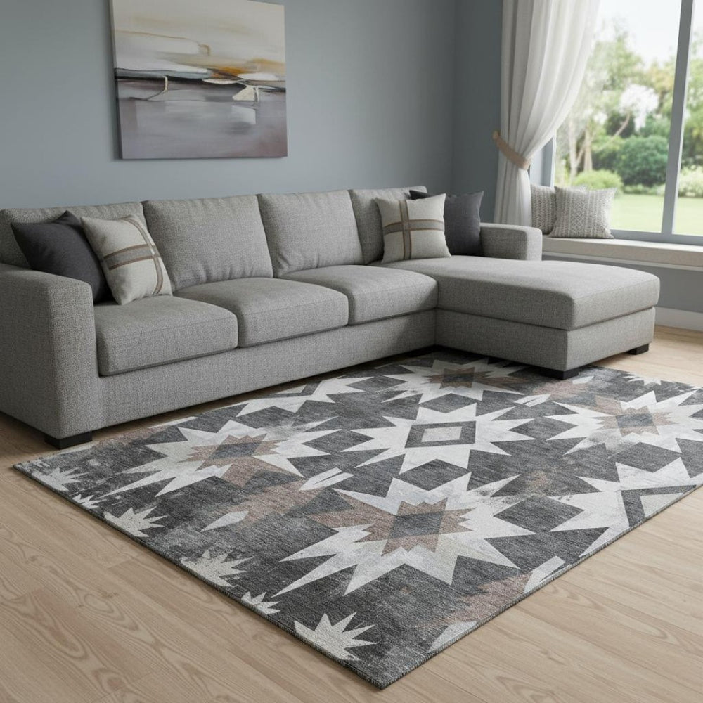 HomeRoots 9' X 12' Stylish Graphite Brown & Ivory Diamond Washable Area Rug – UV Protected, Kid & Pet Friendly! 707196