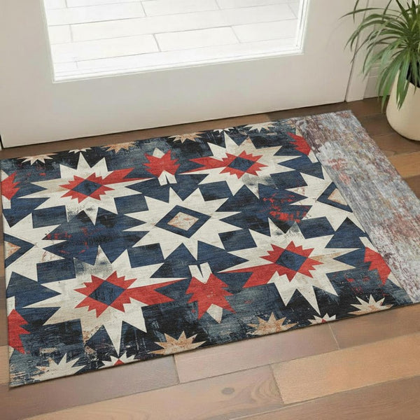 HomeRoots 5' X 8' Stylish Navy, Red & Ivory Diamond Pattern Area Rug - Washable, UV Protected & Durable Design 707199