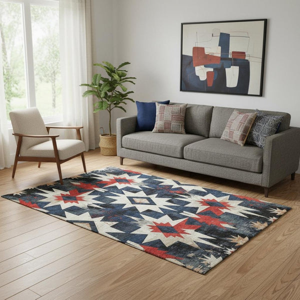 HomeRoots 8' Durable Washable Round Rug in Navy, Red & Ivory with UV Protection for Family Rooms & Entryways 707200