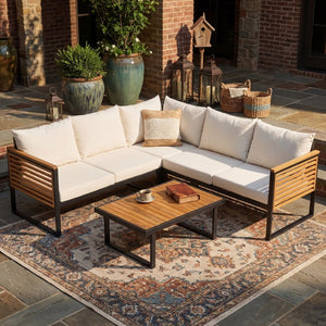 English Elm Outdoor Acacia Wood Iron Frame 4 Piece Corner Sectional Patio Lounge Set N757S454250B
