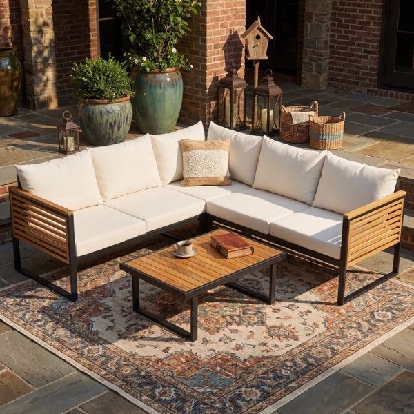 English Elm Outdoor Acacia Wood Iron Frame 4 Piece Corner Sectional Patio Lounge Set N757S454250B