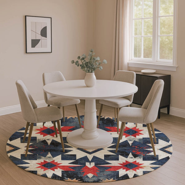HomeRoots 8' X 10' Navy Blue Red Ivory Diamond Area Rug - Washable, Stain-Resistant, UV Protected for Homes 707201