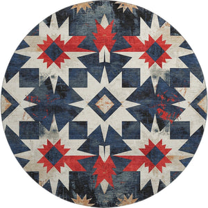 HomeRoots 8' X 10' Navy Blue Red Ivory Diamond Area Rug - Washable, Stain-Resistant, UV Protected for Homes 707201