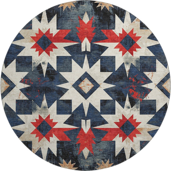 HomeRoots 8' X 10' Navy Blue Red Ivory Diamond Area Rug - Washable, Stain-Resistant, UV Protected for Homes 707201