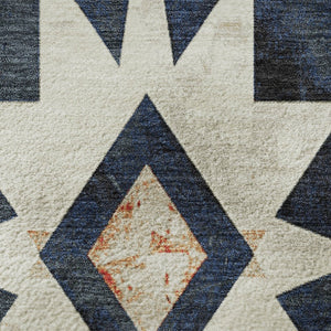HomeRoots 8' X 10' Navy Blue Red Ivory Diamond Area Rug - Washable, Stain-Resistant, UV Protected for Homes 707201