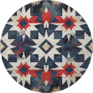 HomeRoots 8' X 10' Navy Blue Red Ivory Diamond Area Rug - Washable, Stain-Resistant, UV Protected for Homes 707201