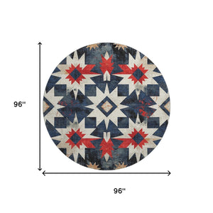 HomeRoots 8' X 10' Navy Blue Red Ivory Diamond Area Rug - Washable, Stain-Resistant, UV Protected for Homes 707201