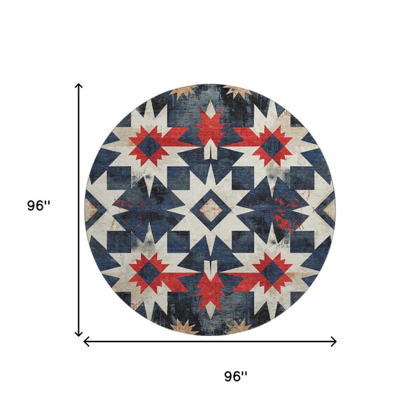 HomeRoots 8' X 10' Navy Blue Red Ivory Diamond Area Rug - Washable, Stain-Resistant, UV Protected for Homes 707201