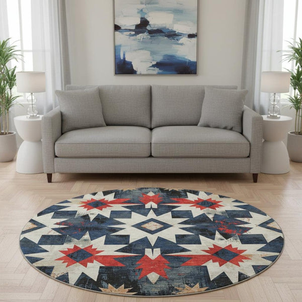HomeRoots 8' X 10' Navy Blue Red Ivory Diamond Area Rug - Washable, Stain-Resistant, UV Protected for Homes 707201