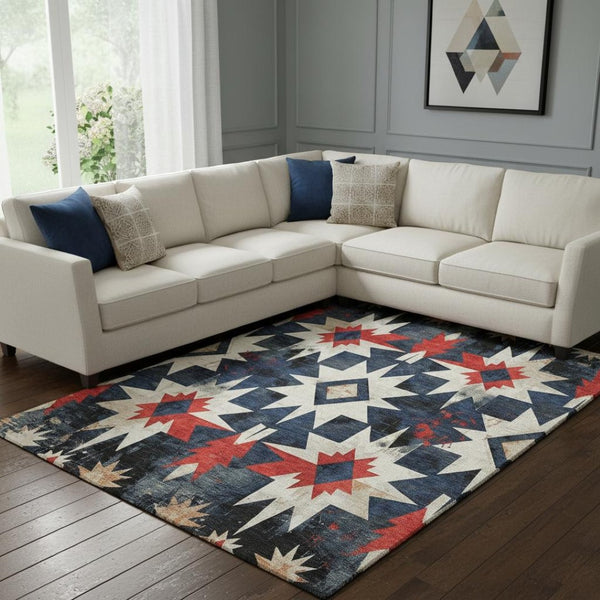 HomeRoots 9' X 12' Stylish Navy Blue, Red & Ivory Diamond Area Rug – Washable, UV-Protected, Non-Slip Design! 707202