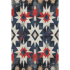 HomeRoots 9' X 12' Stylish Navy Blue, Red & Ivory Diamond Area Rug – Washable, UV-Protected, Non-Slip Design! 707202