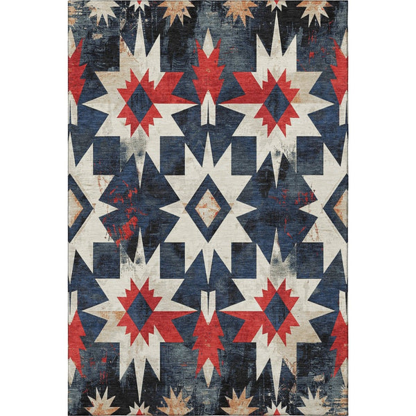 HomeRoots 9' X 12' Stylish Navy Blue, Red & Ivory Diamond Area Rug – Washable, UV-Protected, Non-Slip Design! 707202