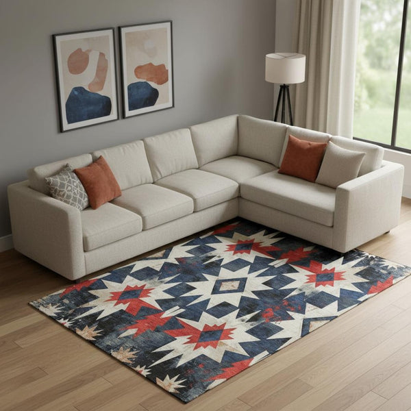 HomeRoots 10' X 14' Navy Blue, Red & Ivory Diamond Area Rug - Stain Resistant, UV Protected, Easy Care Design 707203