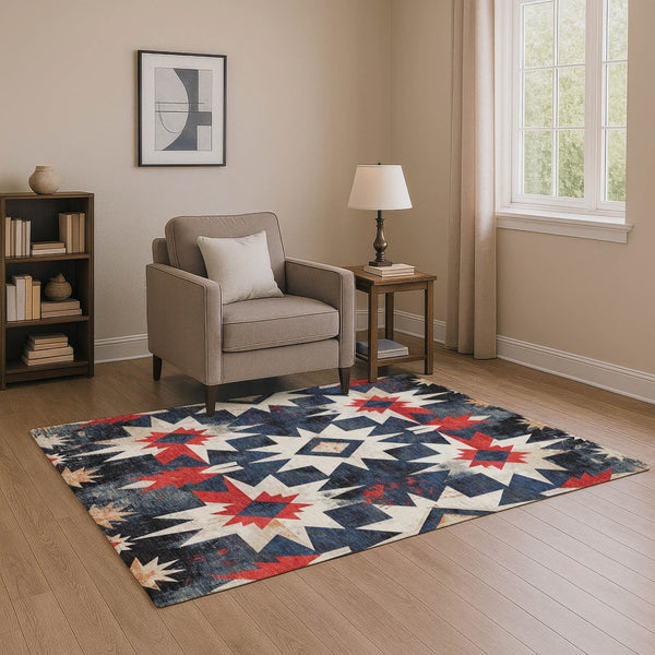 HomeRoots 10' X 14' Navy Blue, Red & Ivory Diamond Area Rug - Stain Resistant, UV Protected, Easy Care Design 707203