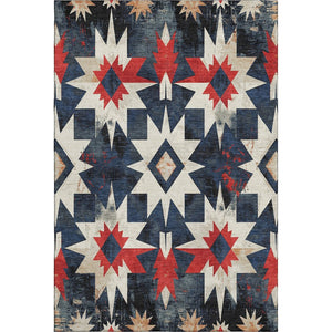 HomeRoots 10' X 14' Navy Blue, Red & Ivory Diamond Area Rug - Stain Resistant, UV Protected, Easy Care Design 707203