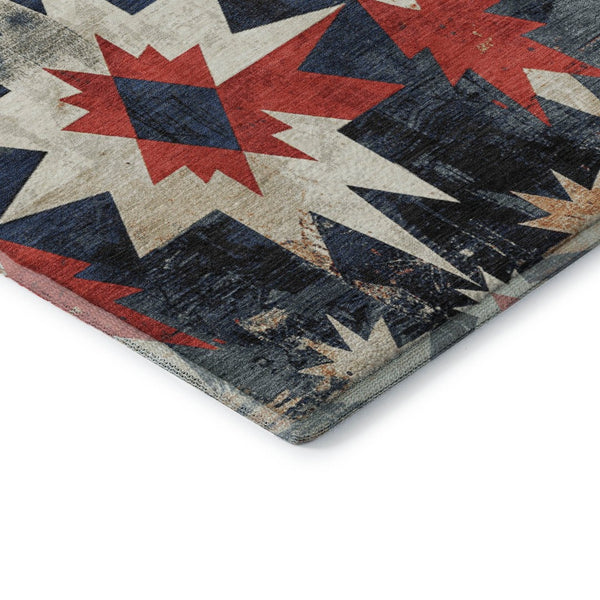 HomeRoots 10' X 14' Navy Blue, Red & Ivory Diamond Area Rug - Stain Resistant, UV Protected, Easy Care Design 707203