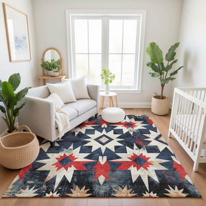 HomeRoots 10' X 14' Navy Blue, Red & Ivory Diamond Area Rug - Stain Resistant, UV Protected, Easy Care Design 707203