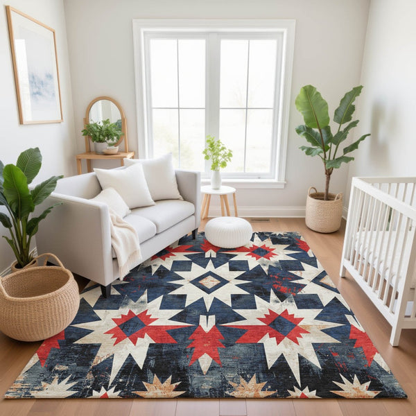 HomeRoots 10' X 14' Navy Blue, Red & Ivory Diamond Area Rug - Stain Resistant, UV Protected, Easy Care Design 707203