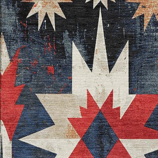 HomeRoots 10' X 14' Navy Blue, Red & Ivory Diamond Area Rug - Stain Resistant, UV Protected, Easy Care Design 707203