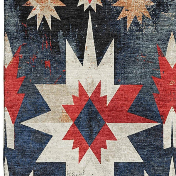 HomeRoots 10' X 14' Navy Blue, Red & Ivory Diamond Area Rug - Stain Resistant, UV Protected, Easy Care Design 707203