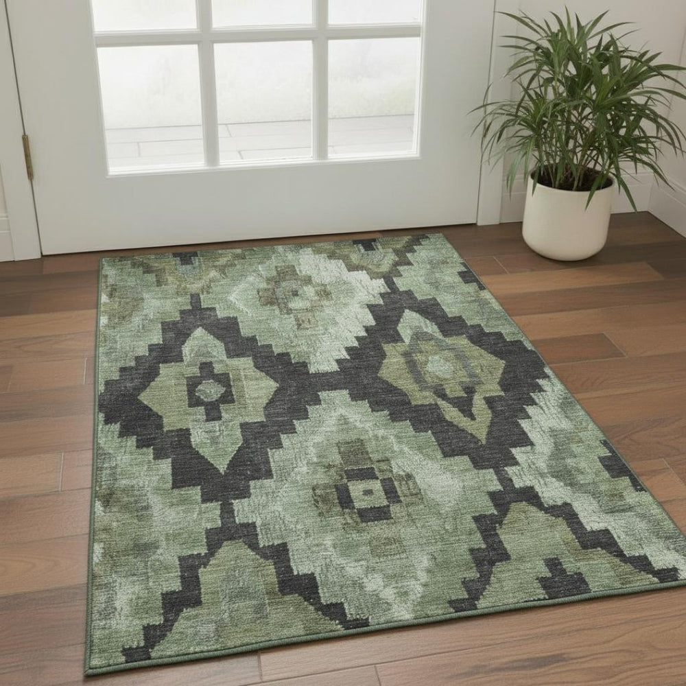 HomeRoots 5' X 8' Artichoke Green Ikat Area Rug - Washable, Stain-Resistant, UV-Protected for Busy Homes 707205