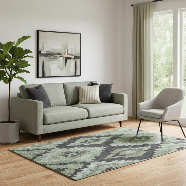 HomeRoots 8' Contemporary Ikat Round Rug in Artichoke Green & Gray – Washable, UV-Protected, Durable Design 707206