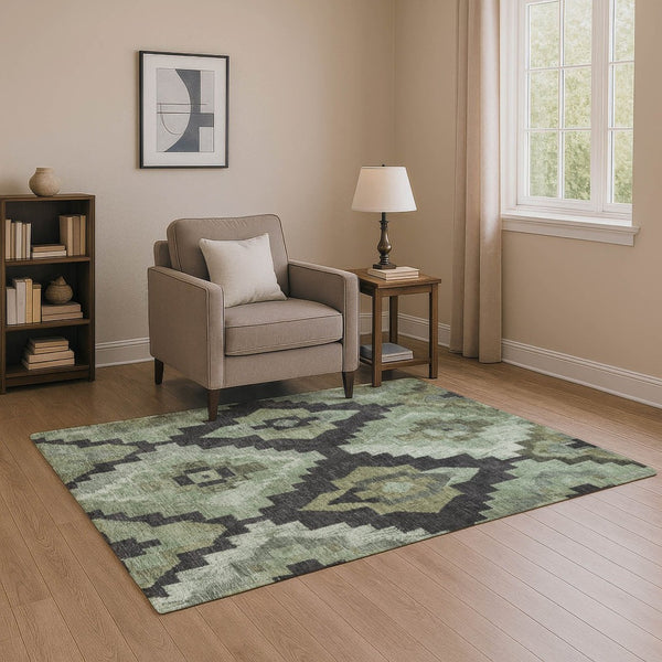 HomeRoots 8' Contemporary Ikat Round Rug in Artichoke Green & Gray – Washable, UV-Protected, Durable Design 707206