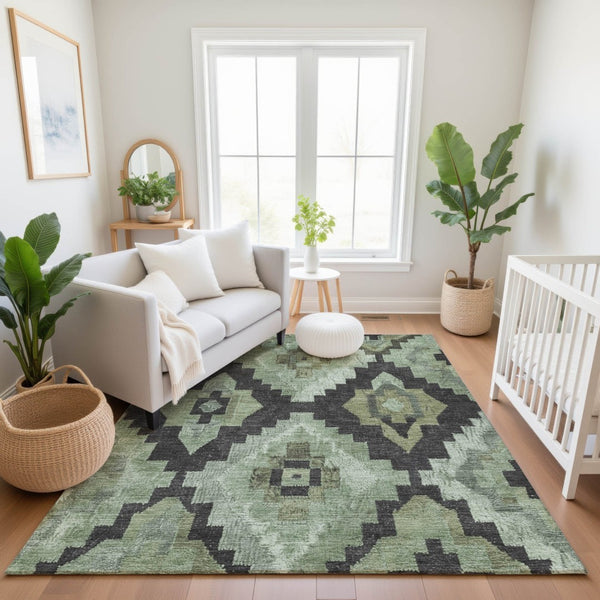 HomeRoots 8' Contemporary Ikat Round Rug in Artichoke Green & Gray – Washable, UV-Protected, Durable Design 707206