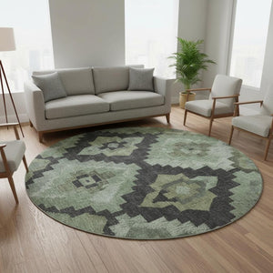 HomeRoots 8' X 10' Artichoke Green and Gray Ikat Area Rug - Washable, UV Protected, Ideal for High-Traffic Spaces 707207