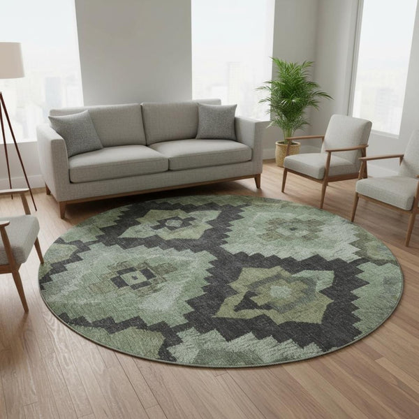 HomeRoots 8' X 10' Artichoke Green and Gray Ikat Area Rug - Washable, UV Protected, Ideal for High-Traffic Spaces 707207