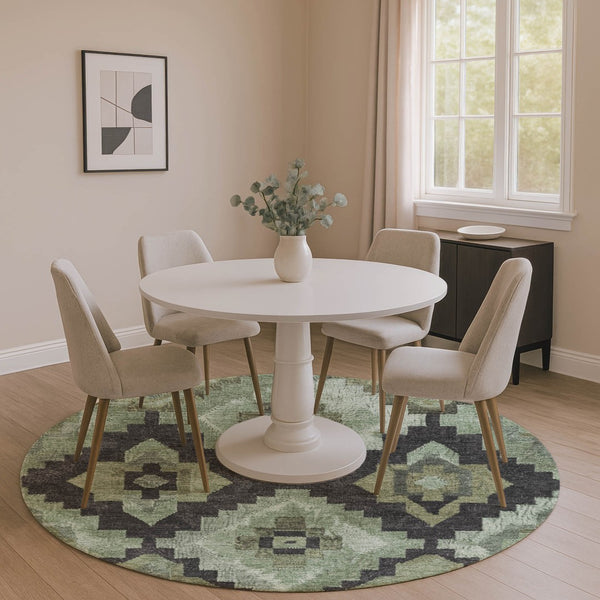 HomeRoots 8' X 10' Artichoke Green and Gray Ikat Area Rug - Washable, UV Protected, Ideal for High-Traffic Spaces 707207