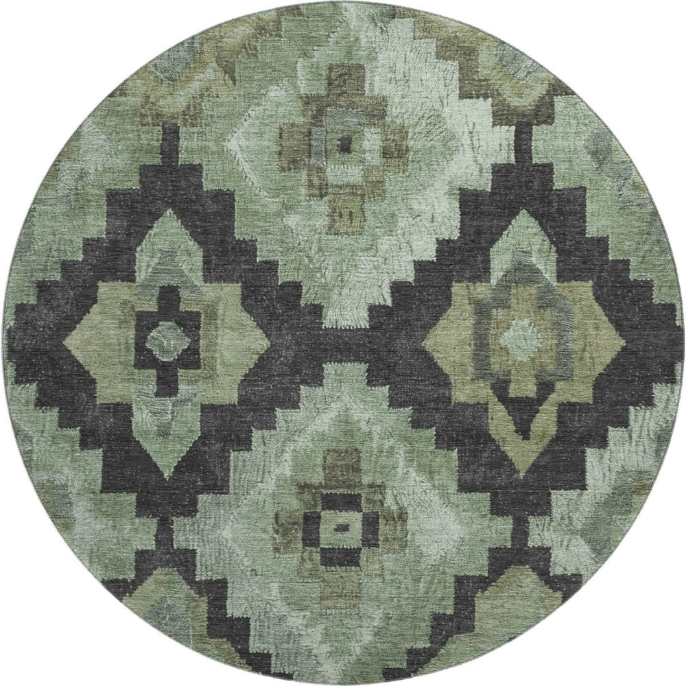 HomeRoots 8' X 10' Artichoke Green and Gray Ikat Area Rug - Washable, UV Protected, Ideal for High-Traffic Spaces 707207