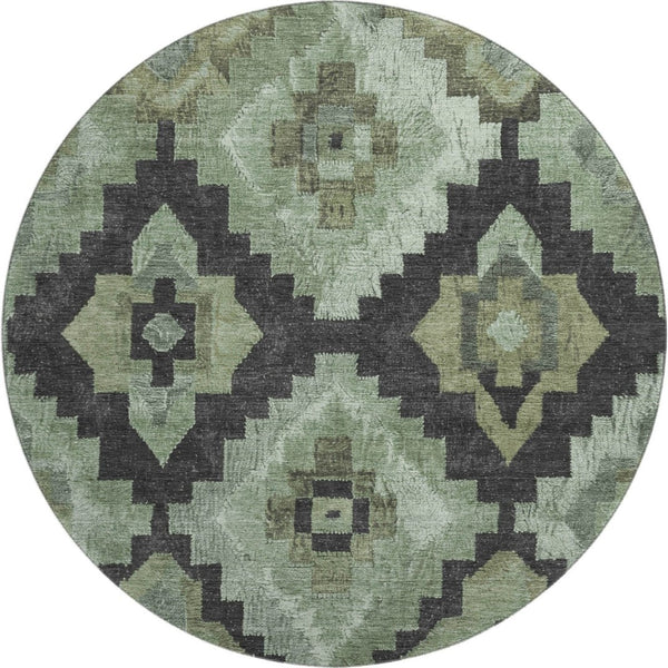 HomeRoots 8' X 10' Artichoke Green and Gray Ikat Area Rug - Washable, UV Protected, Ideal for High-Traffic Spaces 707207