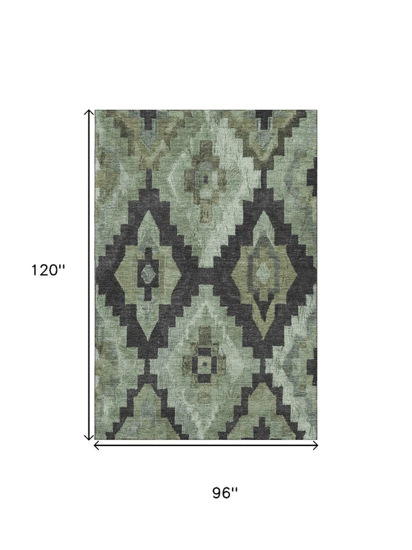 HomeRoots 9' X 12' Artichoke Green & Gray Ikat Washable Area Rug - UV Protected, Durable, Pet-Friendly Design 707208