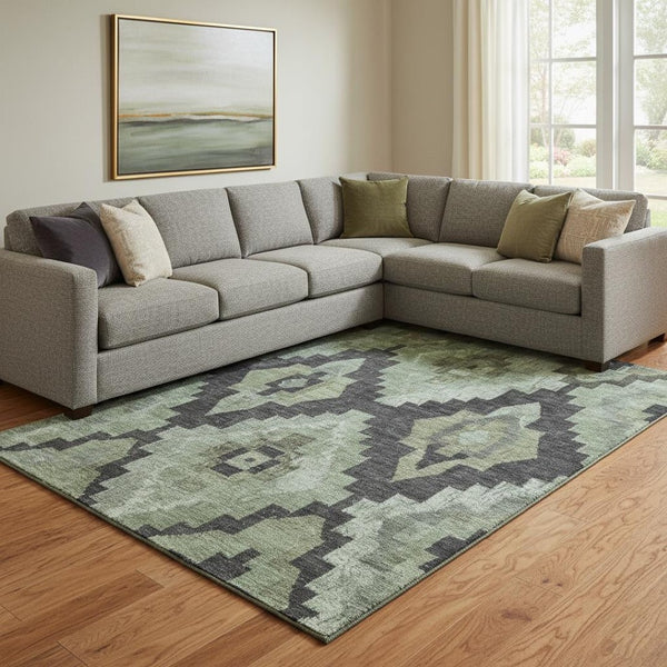 HomeRoots 9' X 12' Artichoke Green & Gray Ikat Washable Area Rug - UV Protected, Durable, Pet-Friendly Design 707208