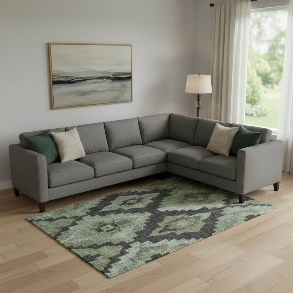 HomeRoots 10' X 14' Stylish Artichoke Green & Gray Ikat Washable Area Rug with UV Protection for Homes 707209