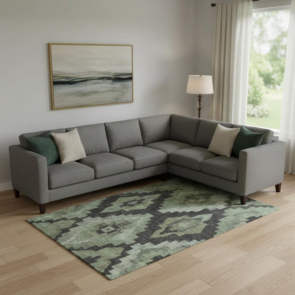 HomeRoots 10' X 14' Stylish Artichoke Green & Gray Ikat Washable Area Rug with UV Protection for Homes 707209