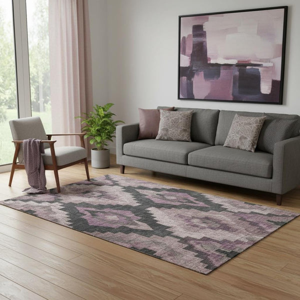 HomeRoots 8' Blush and Gray Ikat Washable Round Rug – Durable, UV-Protected Design for High-Traffic Homes 707212