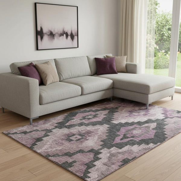 HomeRoots 9' X 12' Blush & Gray Ikat Washable Area Rug - Stain-Resistant, UV Protected, Modern Style for Homes 707214